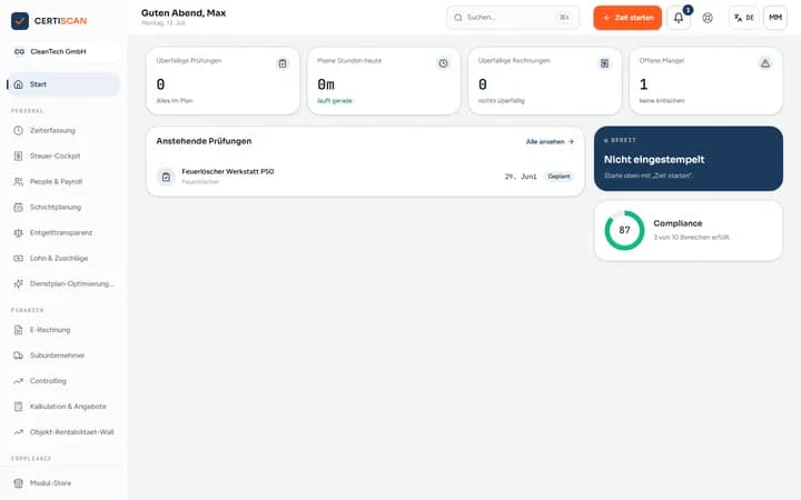 CERTISCAN-Dashboard: offene Aufgaben, laufende Live-Arbeitszeit und Compliance-Stand auf einen Schirm.