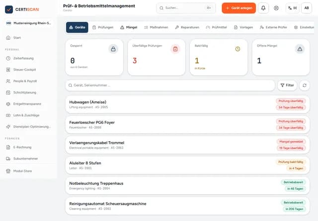 Prüf-/Betriebsmittel in CERTISCAN: DGUV-V3-Prüffristen im Blick, Bestanden/Durchgefallen fälschungssicher dokumentiert.