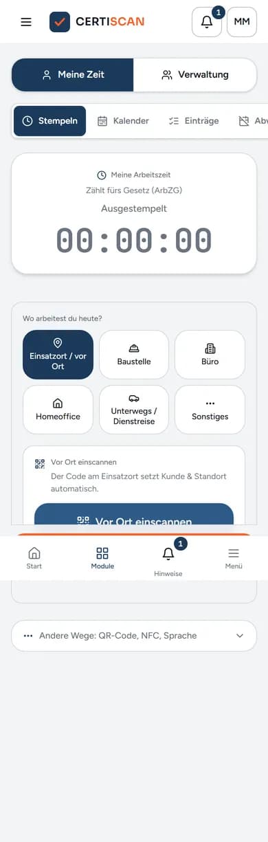 Mobile Stempeluhr von CERTISCAN: einhändiges Ein- und Ausstempeln per QR-Code direkt am Objekt.